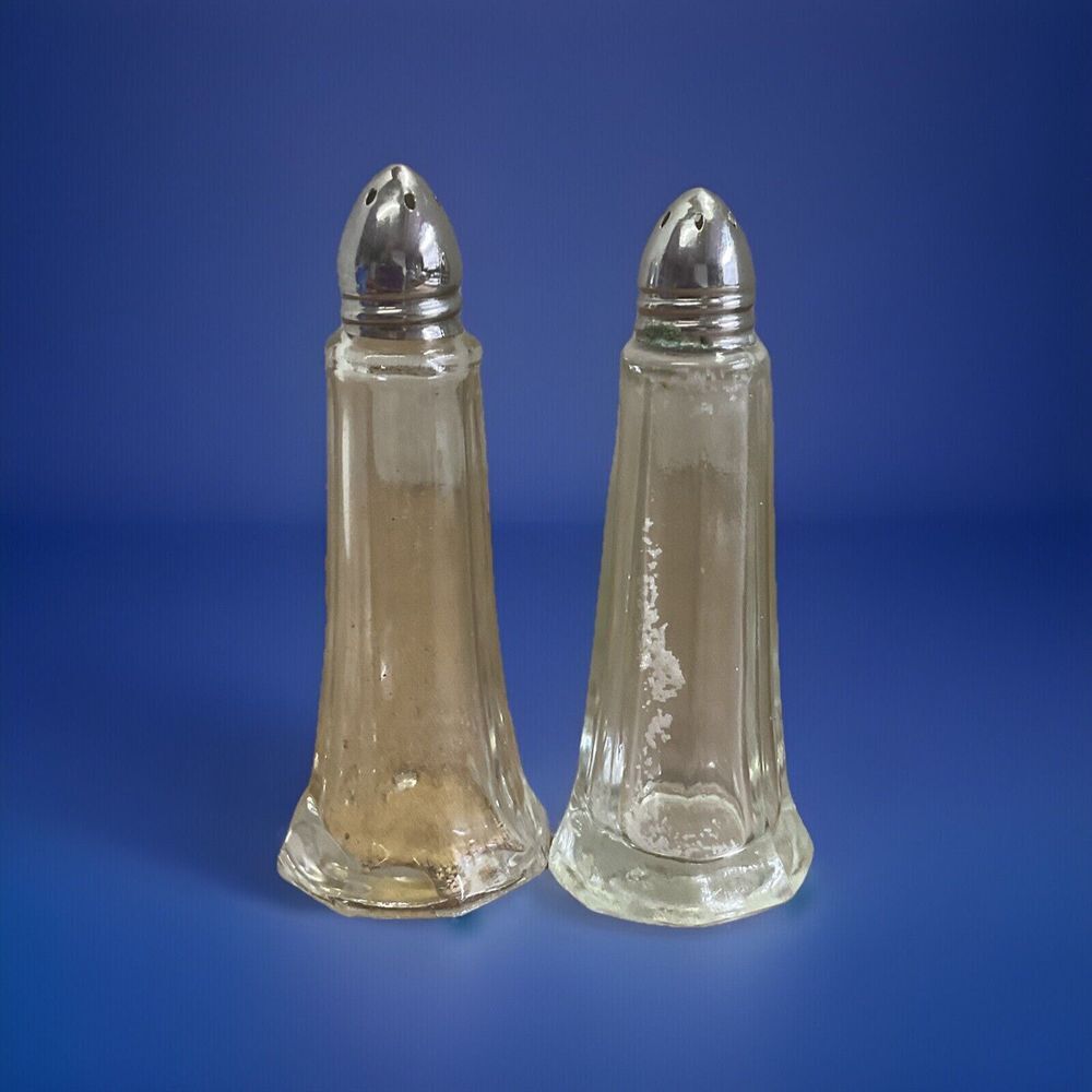 Vintage Tower Style‎ Glass Salt & Pepper Shakers w/ Silver Lids - Made in Taiwan